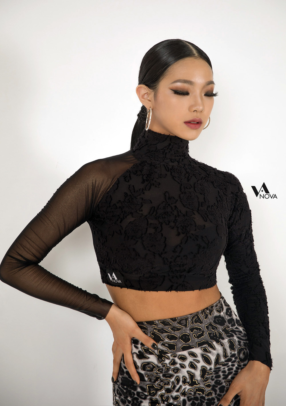 Black Turtle Neck Cropped Top with Mesh Back